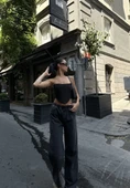 Kadın  Arkadan Yırtmaçlı Jeans Kot Palazzo Pantolon - Siyah - 3