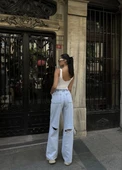 Kadın Arkadan Yırtmaçlı Jeans Kot Palazzo Pantolon - Mavi - 4
