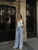 Kadın Arkadan Yırtmaçlı Jeans Kot Palazzo Pantolon - Mavi - 5