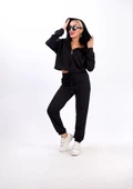 iki iplik Kapüşonlu Fermuarlı Crop Oversize Hırka Takım- Siyah - 5