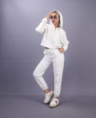 iki iplik Kapüşonlu Fermuarlı Crop Oversize Hırka Takım- Beyaz - 1