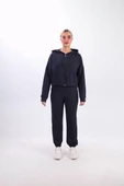 iki iplik Kapüşonlu Fermuarlı Crop Oversize Hırka Takım- Lacivert - 2