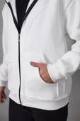 Samuray Kapşonlu ZIP Fermuarlı Çift Kapşonlu Nakışlı SweatShirt- Beyaz - 2