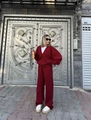 Geniş V Yaka Üç İplik Sweat Takım - Bordo - 5