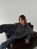 Deri Yakalı Pamuk dokulu Çift Taraflı Çalışan Fermuar Ceket - Füme - 2