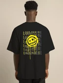 Unisex Bisiklet Yaka Baskılı Oversize T-Shirt - Siyah - 4