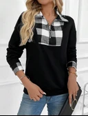 Kadın Uzun Kollu Yakalı önden Fermuarlı Ekose Detaylı Viskon Iki Iplik Bluz - 5