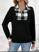 Kadın Uzun Kollu Yakalı önden Fermuarlı Ekose Detaylı Viskon Iki Iplik Bluz - 6