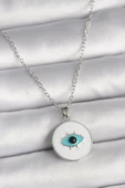 316L Çelik Gümüş Renk Zincir Beyaz Mineli Turkuaz Göz İşleme Model Kadın Kolye thumbnail 2