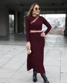 Kadın Uzun Kollu çıtçıtlı Viskon Krop Bluz Ve Yırtmaçlı Etek Istenildiğinde Elbise Olan Ikili Takım - 3