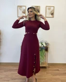 Kadın Uzun Kollu çıtçıtlı Viskon Krop Bluz Ve Yırtmaçlı Etek Istenildiğinde Elbise Olan Ikili Takım - 10