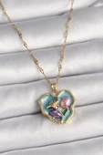 316L Çelik Gold Renk Zincir Kalp Gül Portre Model Kadın Kolye - 1