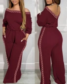 Kadın Uzun Kollu Omuzlardan Açık Beli Lastikli Cepli şerit Desenli Viskon Iki Iplik Tulum - 2