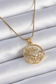 316L Çelik Zincir Gold Renk Zirkon Taşlı Güneş Model Kadın Kolye - 1