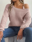 Kadın Uzun Kollu Tek Omuzu Açık Tokalı Triko Bluz - 4