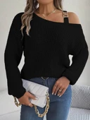 Kadın Uzun Kollu Tek Omuzu Açık Tokalı Triko Bluz - 1