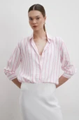 V Yaka Çizgili Modal Gömlek Pembe thumbnail 3