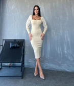 Kadın Kare Yaka Kolları Manşet Ve Tül Detay Fırsat ürün Midi Boy Elbise - 1