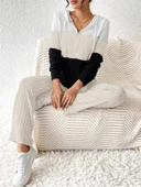 Kadın Uzun Kollu Kapşonlu Bağcıklı Blok Renkli şardonlu Kaşkorse Bluz Ve Pantolon Ikili Takım - 3