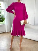 Kadın Uzun Kollu Yarı Balıkçı Yaka Etek Ucu Fırfır Detaylı Midi Ithal Krep Elbise - 6