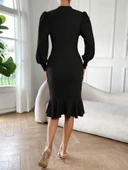 Kadın Uzun Kollu Yarı Balıkçı Yaka Etek Ucu Fırfır Detaylı Midi Ithal Krep Elbise - 2