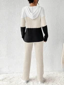 Kadın Uzun Kollu Kapşonlu Bağcıklı Blok Renkli şardonlu Kaşkorse Bluz Ve Pantolon Ikili Takım - 2