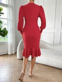 Kadın Uzun Kollu Yarı Balıkçı Yaka Etek Ucu Fırfır Detaylı Midi Ithal Krep Elbise - 4