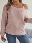 Kadın Uzun Kollu Tek Omuzu Açık Tokalı Triko Bluz - 5