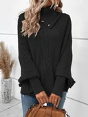 Kadın Uzun Kollu Balıkçı Yaka Düğme Detaylı Triko Panço - 3