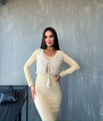 Kadın Bisiklet Yaka Midi Boy Elbise Ve Dantel Güpür Detay Yelek Fırsat ürün Ikili Takım - 3
