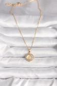 316L Çelik Gold Renk Zirkon Taşlı Sarı Sedefli Hilal Model Kadın Kolye - 2