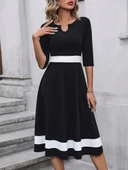 Kadın Fakir Kol Yakası Açık Blok Renkli Krep Midi Elbise - 1