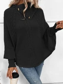 Kadın Uzun Kollu Balıkçı Yaka Düğme Detaylı Triko Panço - 1