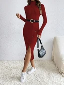 Kadın Uzun Kollu Balıkçı Yaka Yırtmaçlı Düğmeli şardonlu Kaşkorse Elbise - 4