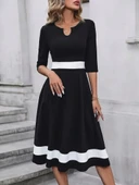 Kadın Fakir Kol Yakası Açık Blok Renkli Krep Midi Elbise - 5