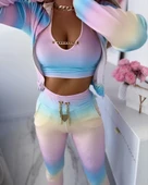 Kadın Uzun Kollu Askılı Yuvarlak Yakalı Krop Bluz, Uzun Kollu önden Fermuarlı Ceket Ve Pantolon Dalgıç üçlü Takım - 2