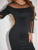 Kadın Uzun şeffaf şerit Kollu Madonna Yaka Vücudu Saran Dalgıç Kısa Elbise - 3