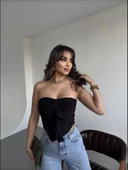 Sandy Asimetrik Büzgülü Straplez Bluz - Siyah - 3