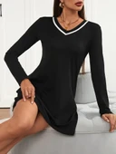 Kadın Uzun Kollu V şerit Yakalı Kısa Viskon Iki Iplik Elbise - 5