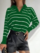 Kadın Uzun Kollu V Yaka çizgili Triko Bluz - 1