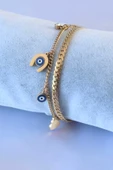 316L Çelik Gold Renk Nal Figür Nazar Boncuk Detay 2'li Zincir Model Kadın Bileklik - 2