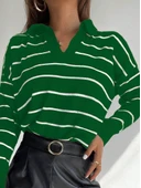 Kadın Uzun Kollu V Yaka çizgili Triko Bluz - 2