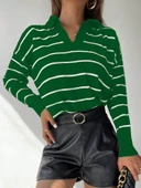 Kadın Uzun Kollu V Yaka çizgili Triko Bluz - 3