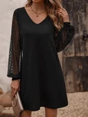 Kadın Uzun Kollu Dantelli V Yakalı Kısa Ithal Krep Elbise - 3