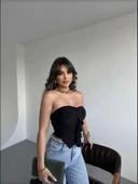 Sandy Asimetrik Büzgülü Straplez Bluz - Siyah - 2