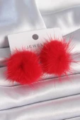 Kırmızı Tüylü Ponpon Model Kadın Küpe - 1