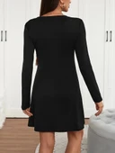 Kadın Uzun Kollu V şerit Yakalı Kısa Viskon Iki Iplik Elbise - 2