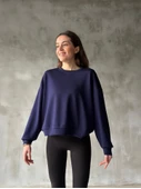 Osy Modal Yumuşak Dokulu Kumaş Bisiklet Yaka Oversize Sweatshirt - Lacivert - 1