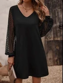 Kadın Uzun Kollu Dantelli V Yakalı Kısa Ithal Krep Elbise - 1