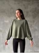 Osy Modal Yumuşak Dokulu Kumaş Bisiklet Yaka Oversize Sweatshirt - Haki - 1